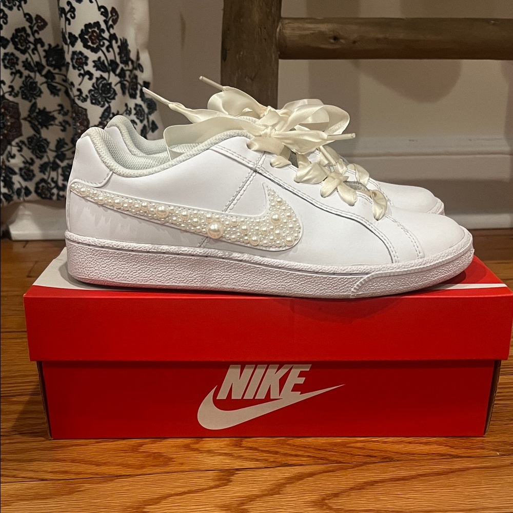 Nike White Sneakers with Pearl Accents for Bride, Women’s size 7.5
